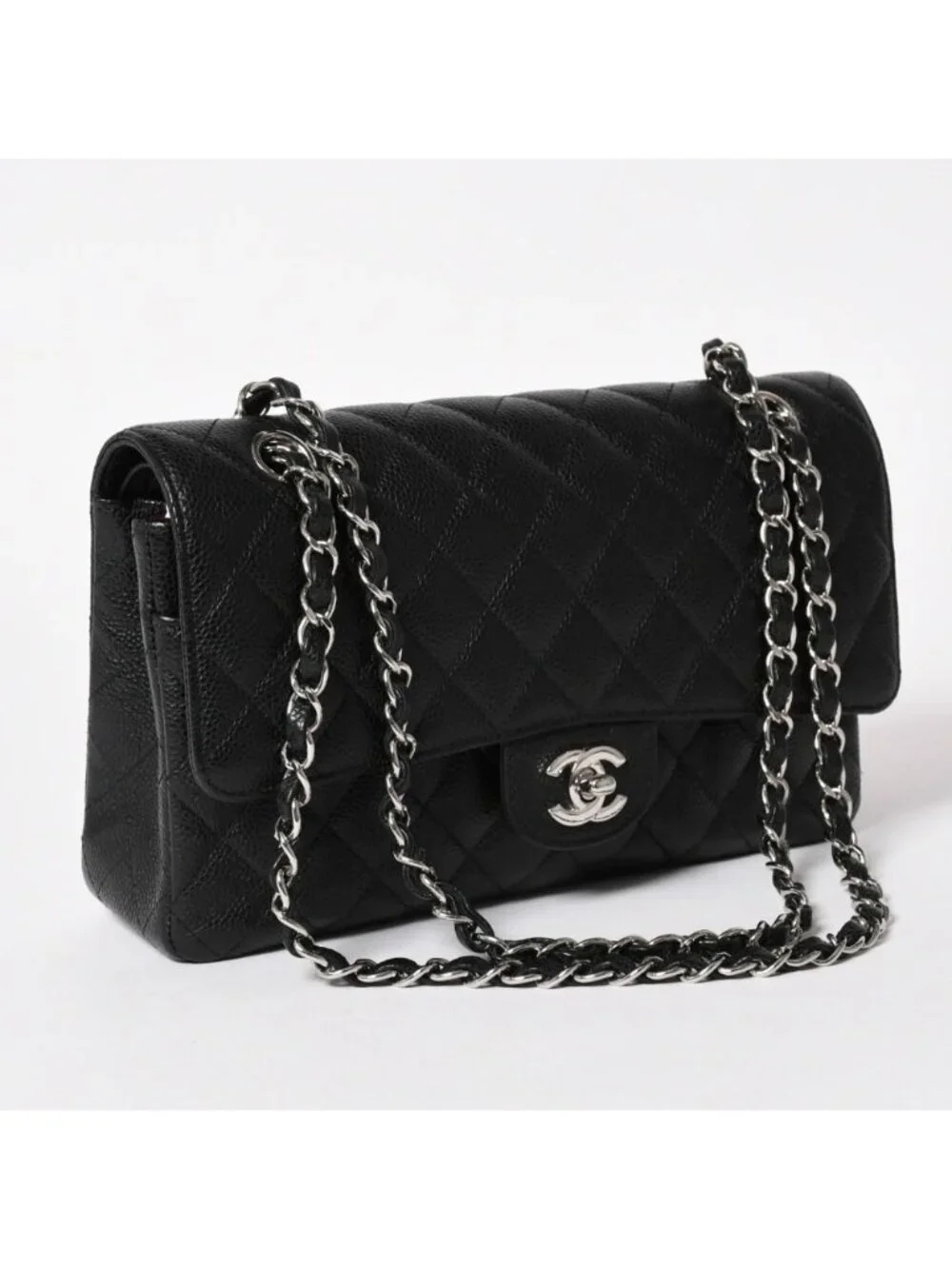 Chanel Quilted 25 Double Flap Chain Shoulder Bag CC Logo Caviar Leather Black